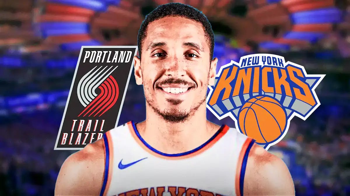 Malcom Brogdon wearing a Knicks jersey with a Knicks logo over one shoulder and a Trail Blazers logo over the other