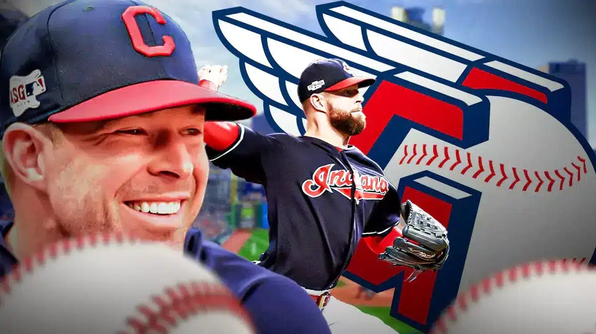 Corey Kluber in middle of image looking happy, CLE Guardians logo, baseball field in background