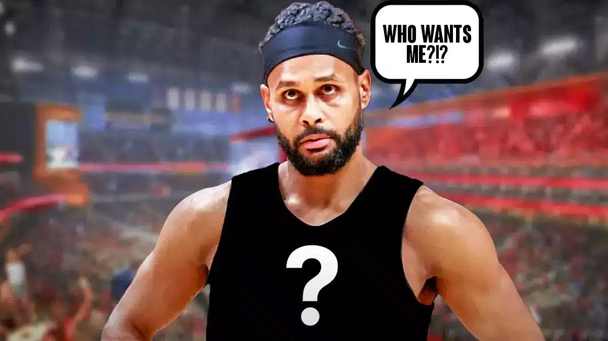 Patty Mills in a blank jersey with a question mark on it saying "Who wants me?"