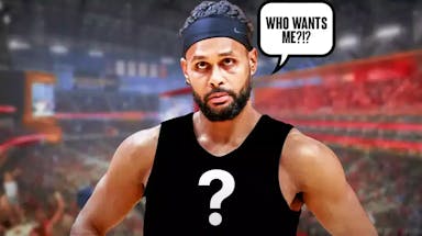 Patty Mills in a blank jersey with a question mark on it saying "Who wants me?"