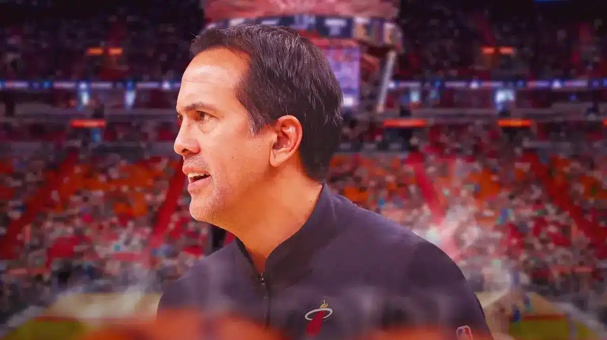Miami Heat head coach Erik Spoelstra in front of the Kaseya Center.