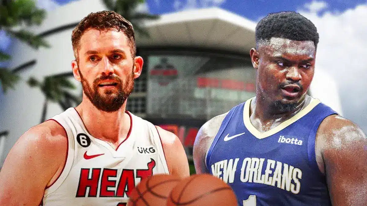 Kevin Love of the Miami Heat and Zion Williamson of the New Orleans Pelicans