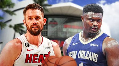 Kevin Love of the Miami Heat and Zion Williamson of the New Orleans Pelicans