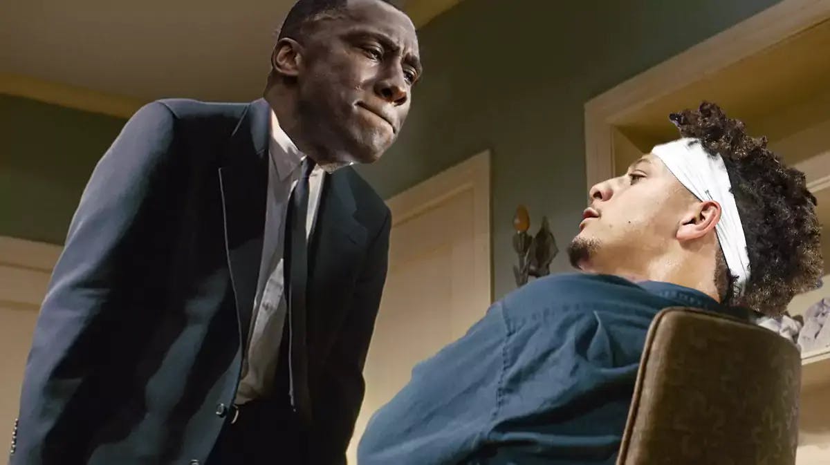 Jules of Pulp Fiction (on left) as Shannon Sharpe and the guy sitting down as Patrick Mahomes (Chiefs)