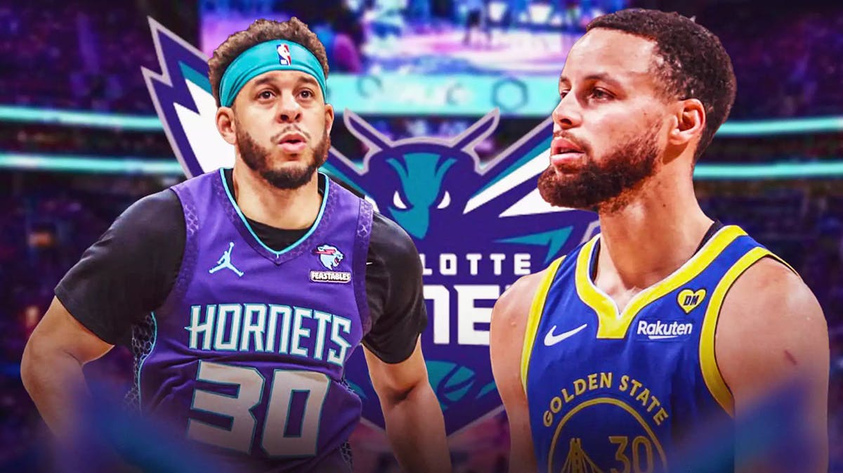 Stephen Curry alongside Seth Curry with the Hornets logo in the background, make sure Seth is in his Hornets jersey