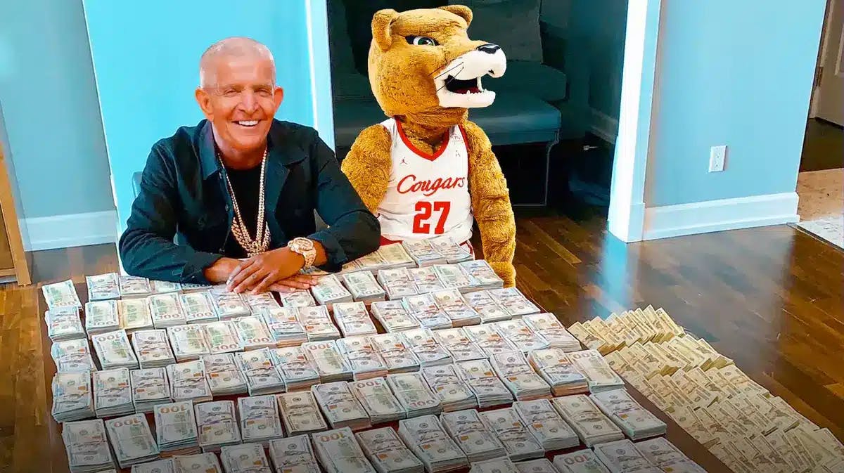 Mattress Mack as Floyd Mayweather with cash on the table, add Houston basketball mascot behind Mack