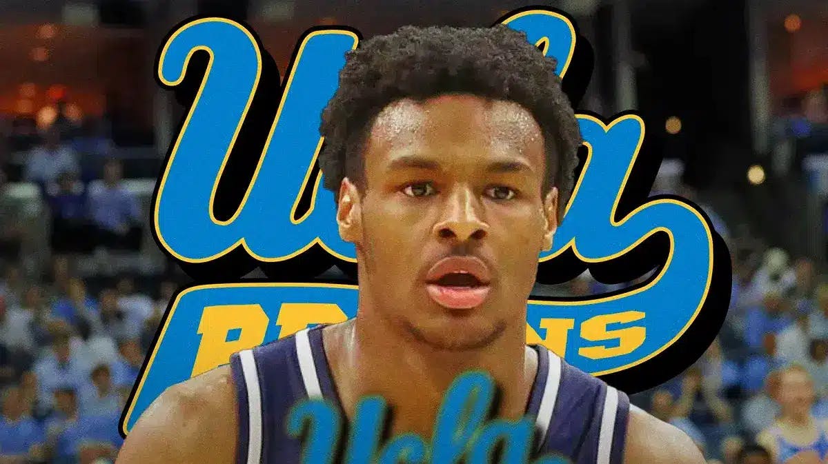 Bronny James of USC basketball in front of UCLA logo