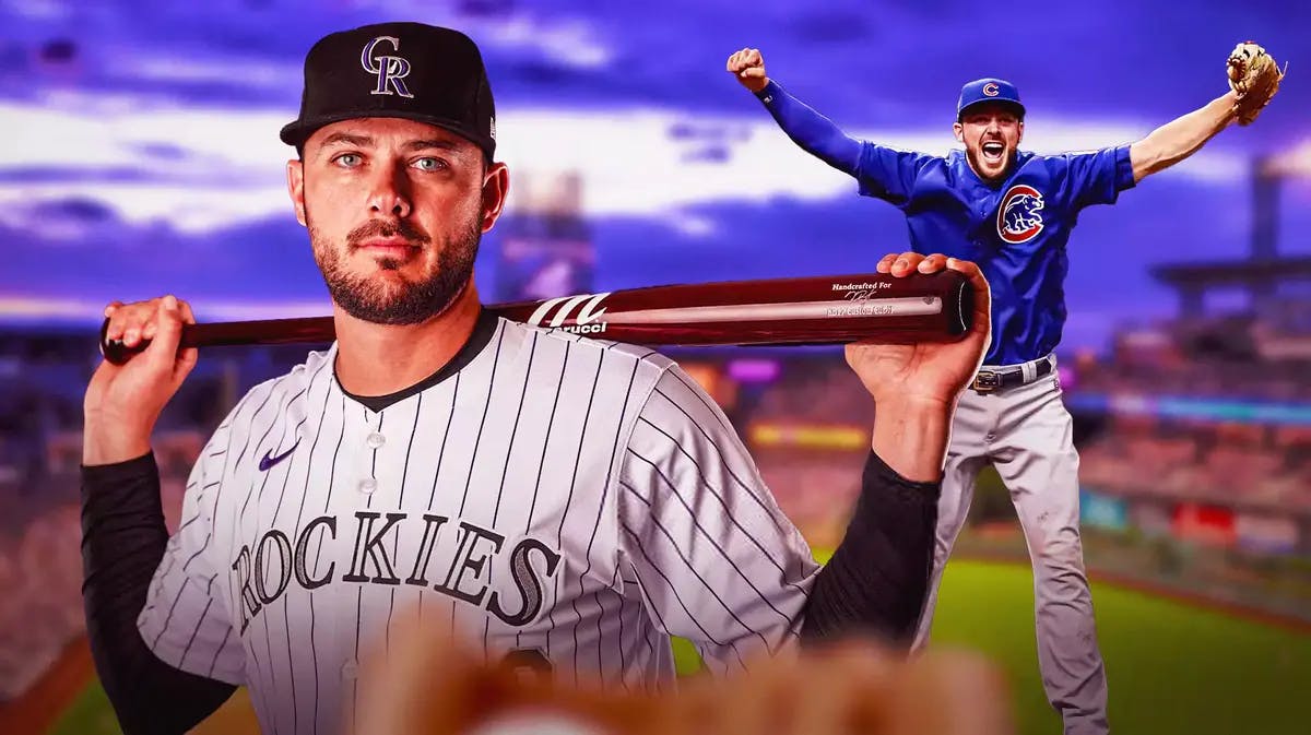 Rockies' Kris Bryant looking mad/serious in front. In background, need Cubs' Kris Bryant celebrating after winning the 2016 World Series.