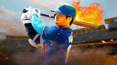 Dodgers' Shohei Ohtani swinging a baseball bat at Camelback Ranch. Place fire coming off the bat.