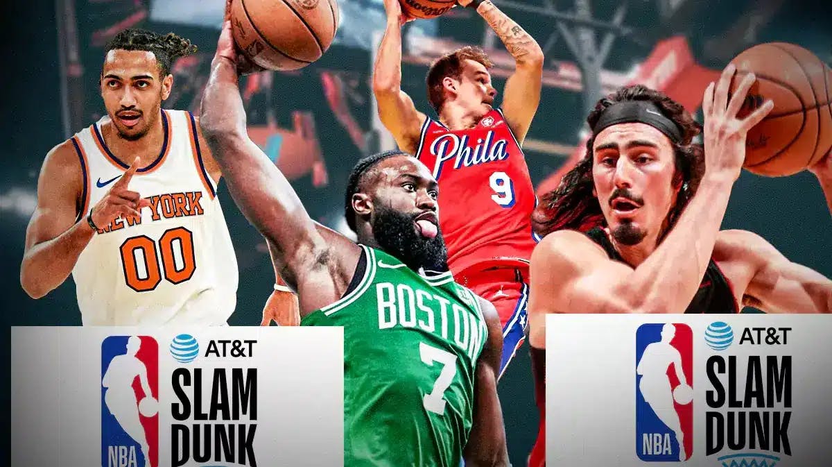 Jaylen brown, Mac McClung, Jacob Toppin, Jaime Jaquez Jr. all together and preferably dunking. AT&T Slam Dunk Contest logo in front and bottom.