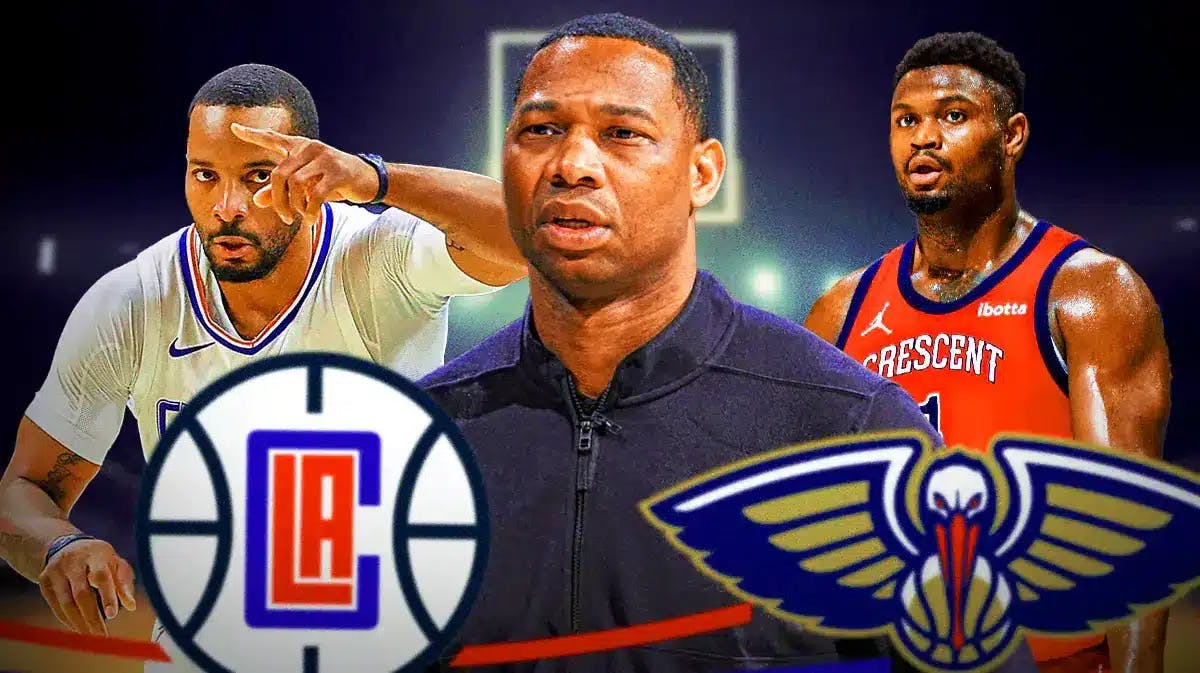Willie Green in middle, Norm Powell and Zion Williamson on either side, Pelicans and Clippers logos, basketball court in background