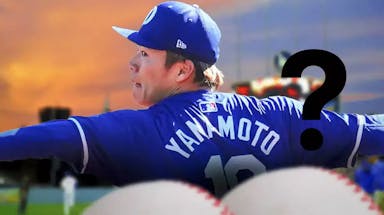 Dodgers' Yoshinobu Yamamoto pitching a baseball on left. Place a question mark on right.