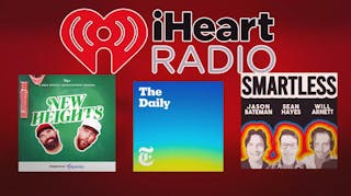 iHeartRadio logo, New Heights, The Daily, Smartless podcast photos