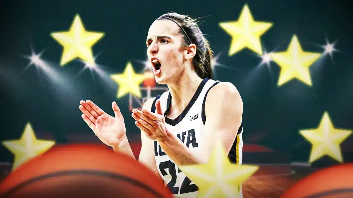 Iowa women’s basketball player Caitlin Clark, surrounded by stars