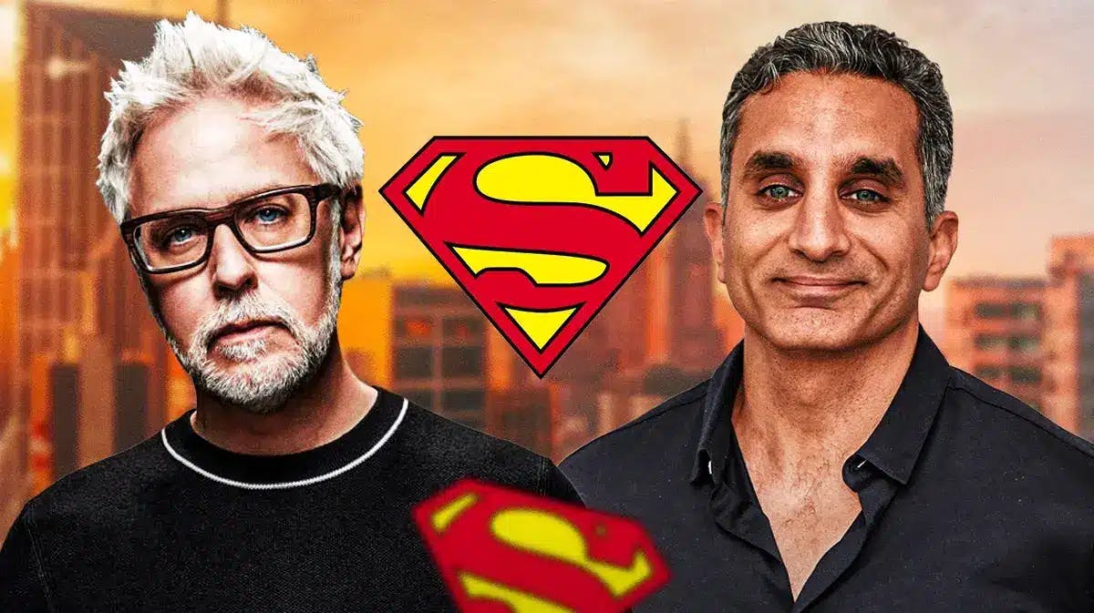 James Gunn and Bassem Youssef with the Superman shield in between them
