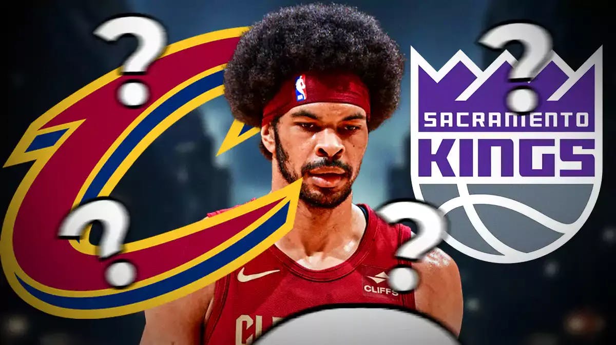 Cavs Jarrett Allen, who suffered an injury against the Spurs, surrounded by question marks next to Sacramento Kings logo, Cavs background