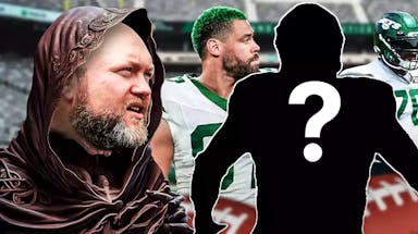 Joe Douglas wearing grim reaper outfit, looking at C.J. Uzomah, Laken Tomlinson and a third Jets player with no face and a ? on his jersey