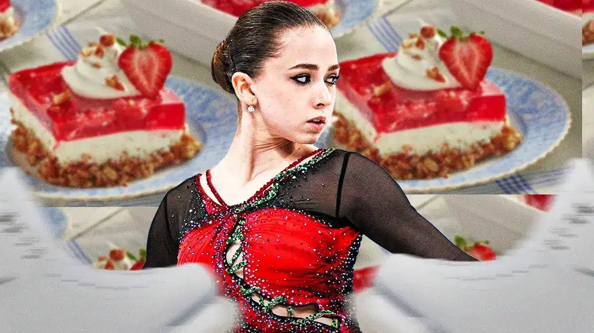 Russian figure skater Kamila Valieva, with strawberry desserts in the background, like strawberry short cake