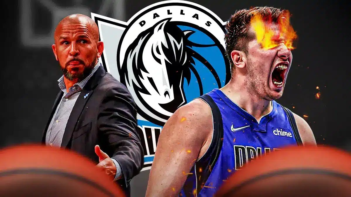 On right, Luka Doncic with fire in his eyes looking serious. On left, Jason Kidd looking at Luka. Mavericks' logo in background.
