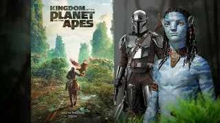 Kingdom of the Planet of the Apes movie, The Mandalorian and a Na'Vi from Avatar.