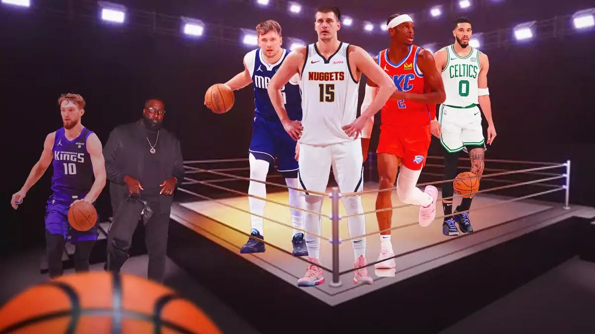 Need Nuggets' Nikola Jokic, Thunder’s Shai Gilgeous-Alexander, Mavericks' Luka Doncic, Celtics' Jayson Tatum all standing in a boxing ring. On the outside of ring, have Kendrick Perkins in normal clothes standing next to Kings' Domantas Sabonis.