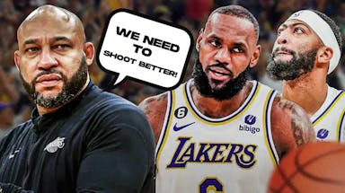 Darvin Ham on one side with a speech bubble that says “We need to shoot better!” LeBron James and Anthony Davis on the other side
