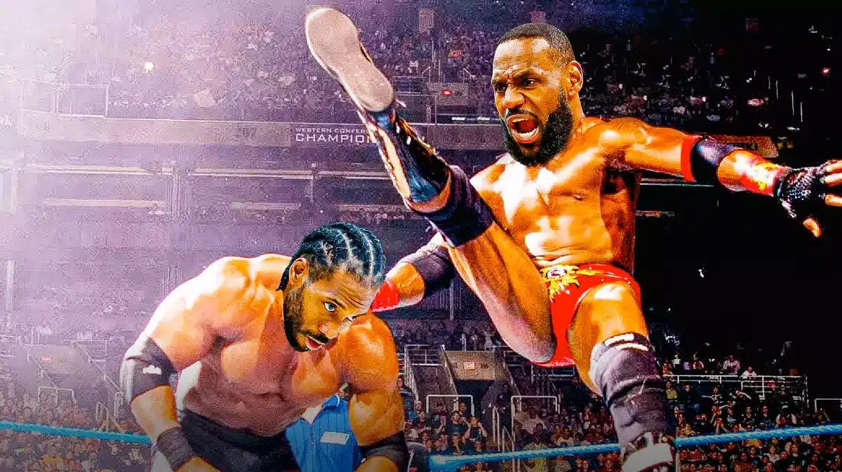 LeBron James as Booker T (the guy in red trunks) and Kawhi Leonard (Clippers) as the other guy