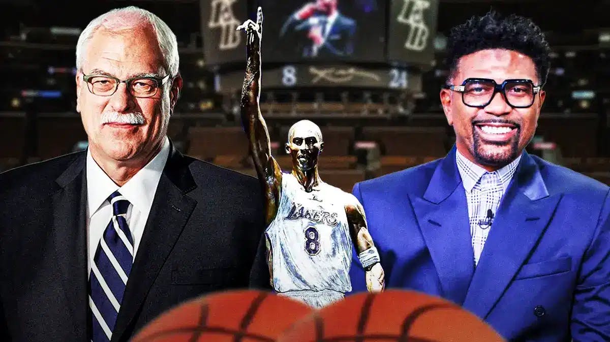 The new statue of Lakers legend Kobe Bryant, with Phil Jackson and Jalen Rose