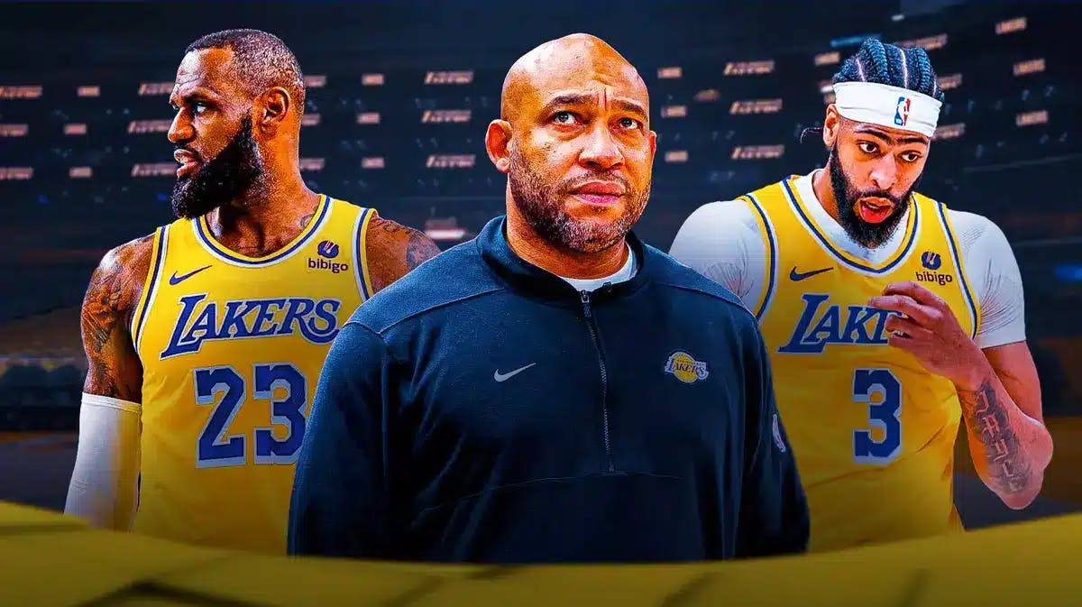Los Angeles Lakers head coach Darvin Ham and stars LeBron James and Anthony Davis in front of Crypto.com Arena.