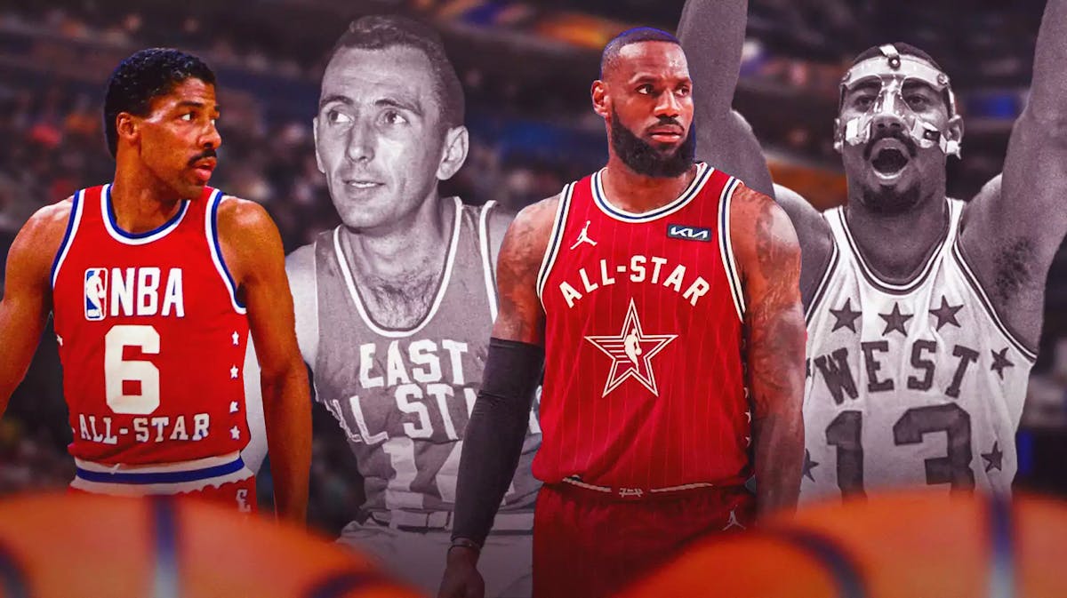 LeBron James alongside Wilt Chamberlain, Bob Cousy and Julius Irving. Have them in matching NBA All-Star Game jerseys, Lakers