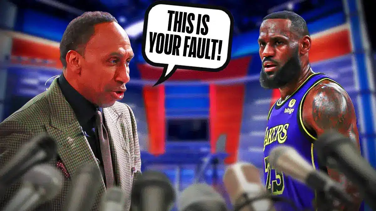 On right, Stephen A. Smith looking like he’s yelling and have him saying the following: This is your fault! Have him saying it to Lakers' LeBron James who should be standing on left and looking serious.