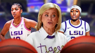 LSU women’s basketball coach Kim Mullkey, with LSU women’s basketball players Angel Reese and Aneesah Morrow