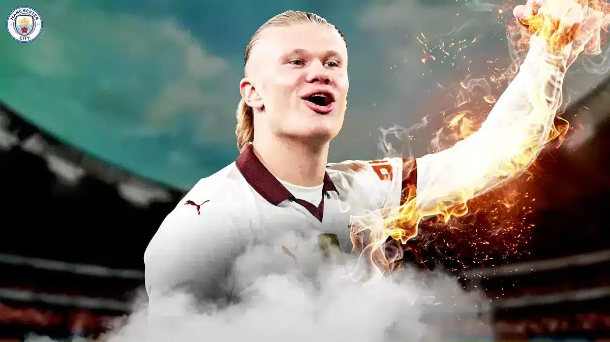 Erling Haaland on fire in front of the Manchester City logo