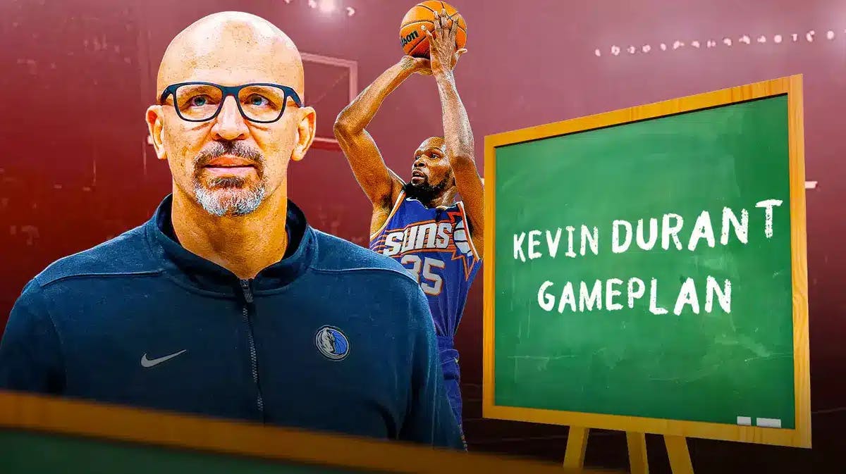 Mavericks' Jason Kidd on left standing next to a chalkboard. On the board, write the following: Kevin Durant gameplan On right, have Suns' Kevin Durant shooting a basketball.