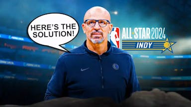 On left, Mavericks' Jason Kidd saying the following: Here’s the solution! On right, need the 2024 NBA All-Star Game logo.