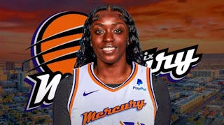 WNBA player Kahleah Copper, in a Phoenix Mercury jersey, with the city of Phoenix, Arizona, in the background