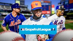 Luis Severino, Pete Alonso, Francisco Lindor all together with Mets logo in the background and Grapefruit League logo in the front.