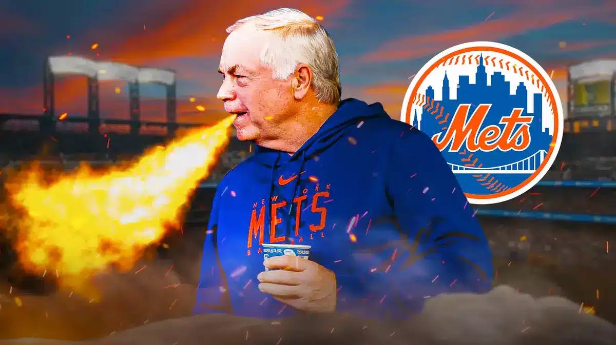 Mets' Buck Showalter breathing fire in front. In background, place the New York Mets' logo.