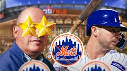Mets Steve Cohen with stars in his eyes looking at Pete Alonso at Citi Field