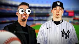 Blake Snell in normal clothes on left with eyes popping out looking at Blake Snell in a Yankees uniform on right.