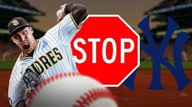 Blake Snell with a stop sign and a Yankees logo