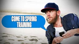 Stephen Strasburg in normal clothes with a beach background. Have him talking on a phone. Place a speech bubble coming from the phone and write the following words in the bubble: Come to spring training