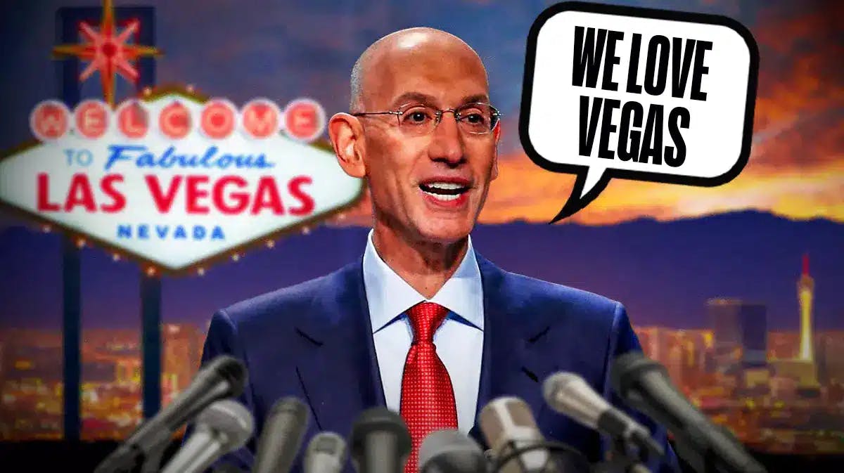 NBA commissioner Adam Silver with Las Vegas sign saying "We love Vegas" [NBA expansion]