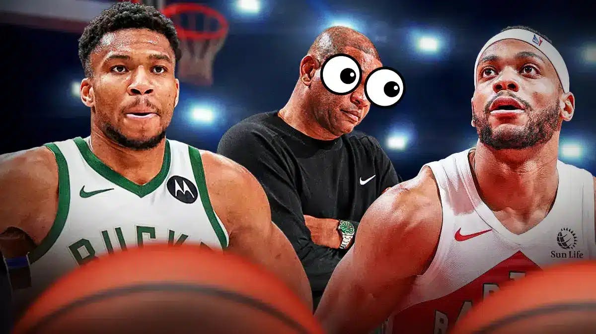 Bucks player Giannis Antetokounmpo and Doc Rivers looking at Bruce Brown.