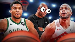 Bucks player Giannis Antetokounmpo and Doc Rivers looking at Bruce Brown.