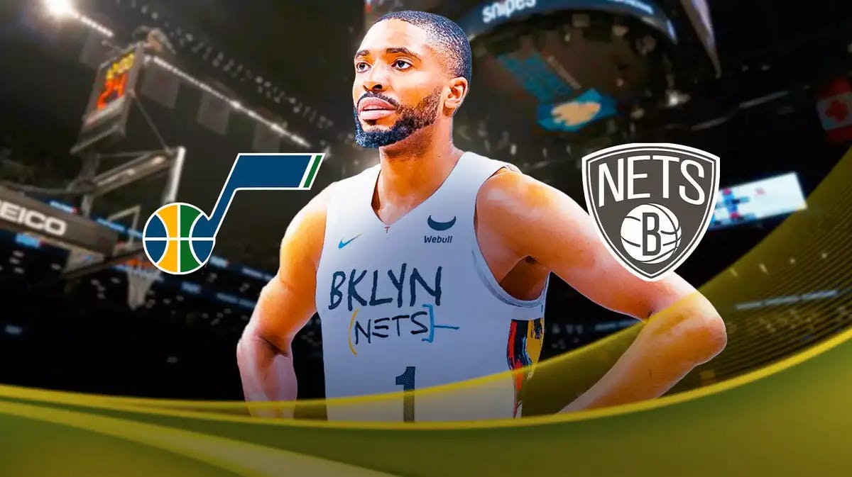 Mikal Bridges next to the logos of the Utah Jazz and Brooklyn Nets