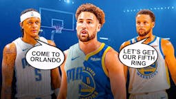 Klay Thompson in half Magic, half Warriors uniform. Paolo Banchero saying "Come to Orlando." Stephen Curry saying "Let's get our fifth ring"