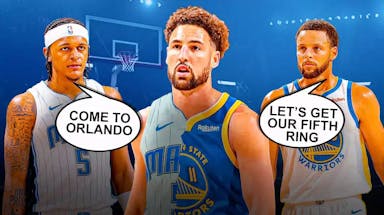 Klay Thompson in half Magic, half Warriors uniform. Paolo Banchero saying "Come to Orlando." Stephen Curry saying "Let's get our fifth ring"