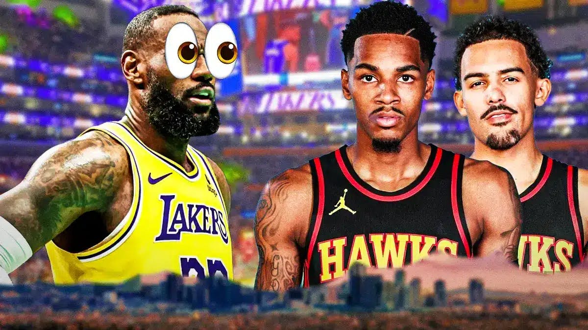 Lakers LeBron James with emoji eyes looking at Hawks' Dejounte Murray and Trae Young