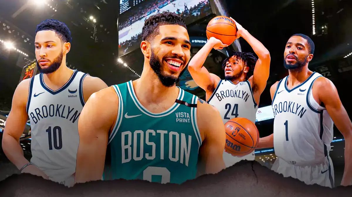 Nets' Ben Simmons, Cam Thomas and Mikal Briidges with Celtics' Jayson Tatum